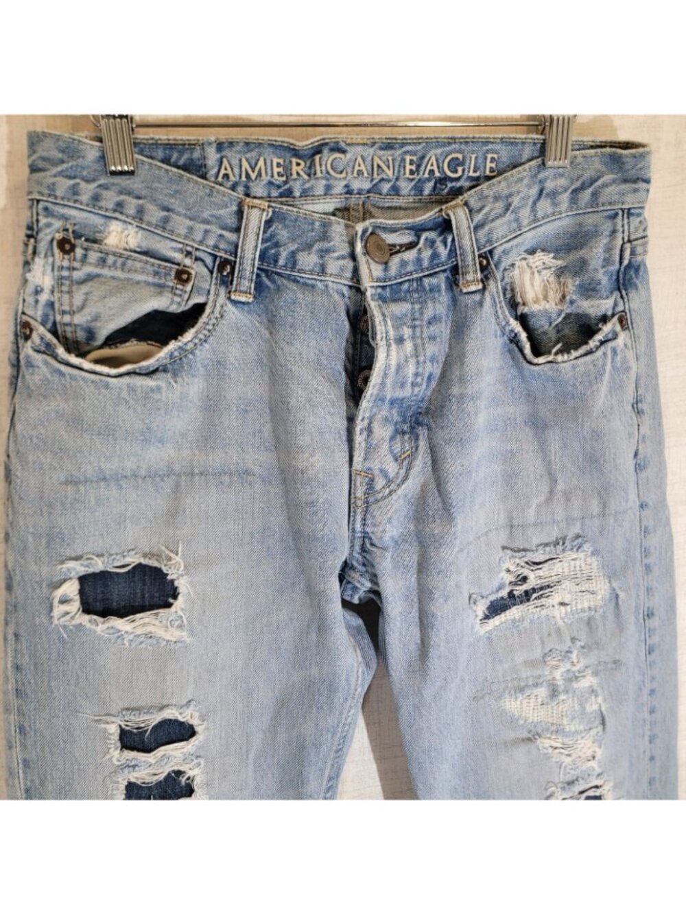 American Eagle Low Rise Boot Jeans Mens 30x34 Act 32x33 Blue Distressed Denim - Picture 2 of 10